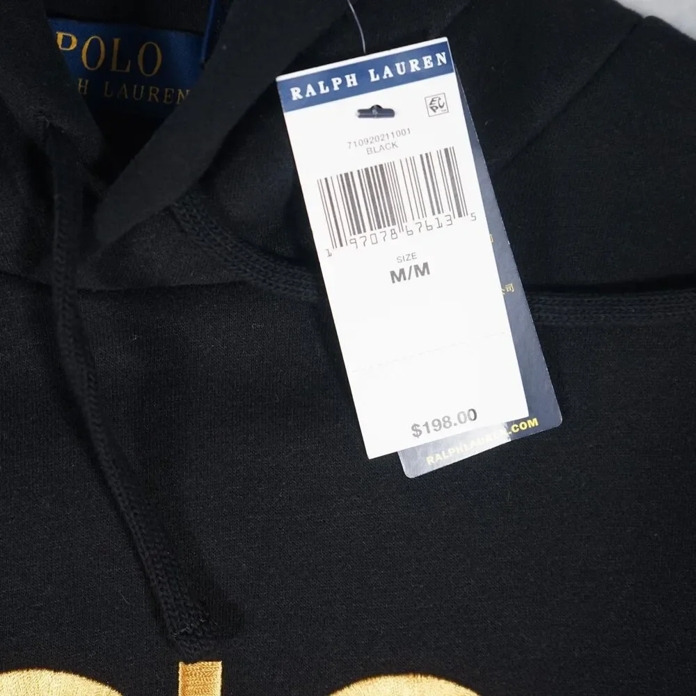 Polo Ralph Lauren Spellout Hoodie NWT Black Gold Embroidered Logo Medium